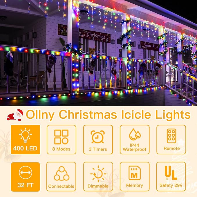 Ollny Icicle Lights for Outside 400LED 32FT, Multicolor Christmas Light with Remote 8Modes Timers Waterproof, Plug in Connectable Hanging Lights for Outdoor Indoor House Roof Holiday