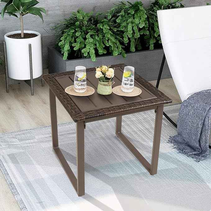 Wicker Outdoor Side Table for Patio Set of 2, 2 PCS Square Rattan Outdoor End Tables for Outside Porch Lawn Garden Balcony Pool Bistro, Brown