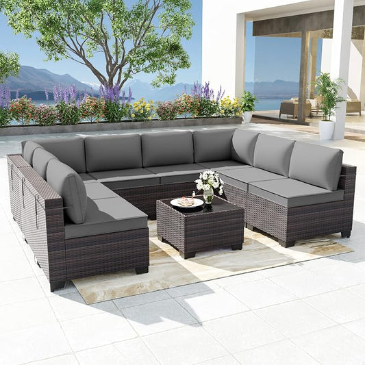 Kurapika 9 Pieces Patio Furniture Set, Rattan Wicker Outdoor Conversation Sets w/4 Inch Cushion and Glass Coffee Table(Grey)