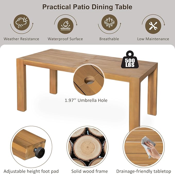 7-Piece Patio Dining Table Set for 6, Outdoor Furniture Sets with 71" Rectangle Table and Removable Cushions for Backyard, Garden, Poolside Deck (Beige+Light Teak)