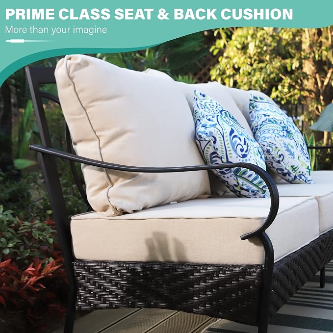 MFSTUDIO Outdoor Patio Furniture Set, 3-Seat Metal Patio Conversation Sofa, Outdoor Rattan Wicker Conversation Sofa Set with Cushion for Garden Porch Poolside,450 LBS