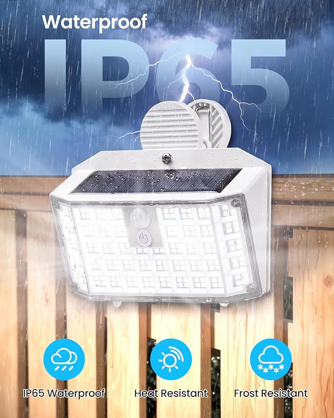 176LED Clip on Solar Lights Outdoor, 600LM Solar Motion Lights Outdoor with 180° Wide Angle, IP65 Waterproof Portable Solar Fence Lights Outdoor for Fence, Gutter, Garden, Camping, Patio White 2Pack