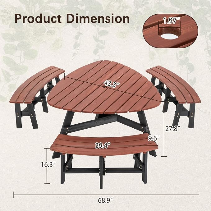 Thanaddo Wood Picnic Table, 43” Tabletop with Umbrella Hole, 3-6 Person Outdoor Wooden Picnic Table Bench Set for Patio, BBQ, Dining, Brown