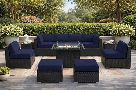 Fully Assembled Ohana 11 Piece Outdoor Aluminum Wicker Patio Furniture with 6-inch Sunbrella Navy All-Weather Rainshield Cushions, Oversized Seats and 42-inch Fire Table