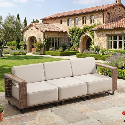 Bonzy Home Patio 3 Seater Couch, Wicker Rattan Outdoor Sectional Sofa with Widened Armrest and Extra-Thick Soft Cushions, Patio Conversation Sets for Porch, Garden Poolside Balcony