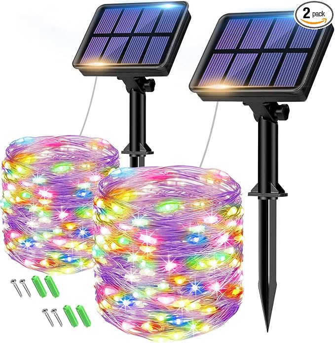 2 Pack Solar String Lights for Outside - 160LED 66FT Solar Fairy Lights Outdoor Waterproof 8 Modes, Copper Wire Solar Powered Twinkle Lights for Tree Garden Christmas Wedding Party Decor, Multicolor