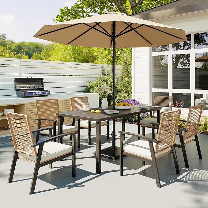 Aoxun 7-Piece Patio Table and Chairs Set for 6 with Umbrella Hole, Outdoor Dining Set with 6 Wicker Chairs and 1 Rectangular Metal Table, Patio Dining Sets with Soft Cushion for Backyard, Garden