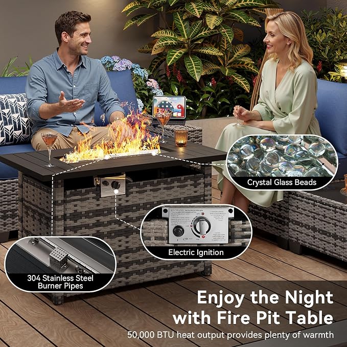 Aoxun Outdoor Patio Furniture Set with 44'' Fire Pit Table, 7 Pcs Outdoor Patio Furniture Sets with 4in Thicken Cushion, Widen Armrests Wicker Outdoor Sectional for Backyard, Navy Blue