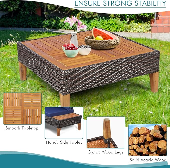 Tangkula 4 Pieces Acacia Wood Patio Furniture Set, Patiojoy L Shaped Wicker Corner Sectional Sofa Set with Thick Cushions, Coffee Table, for Backyard, Garden, Poolside and Deck (Navy Blue)