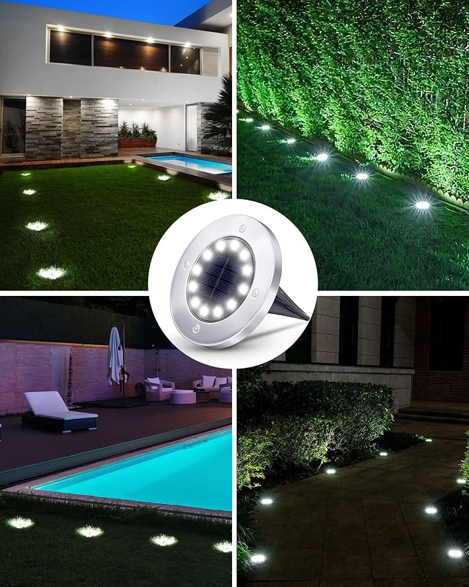 Biling Solar Ground Lights Outdoor Bright Waterproof 12 Pack White | Flat 12 LEDs Solar Lights Outdoor Longevity, Easy To Assemble and Use, for Yard Walkway Garden Driveway