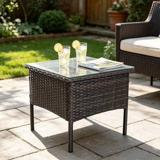 Wicker Rattan Side Table,Outdoor Patio Wicker Table,Modern Patio End Side Table with Glass Countertop and Storage Space,for Garden Balcony Porch