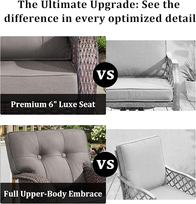 7-Piece Wicker Patio Furniture Set with 5-Inch Thick Cushions Weather Resistant Rattan High Back Swivel Rocker Chairs Senior Friendly Conversation Set for Small Porch Deck Sunroom Brown/Grey