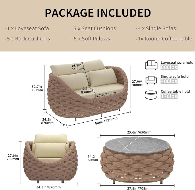 TWT 6-Piece Aluminum Patio Furniture Set, Olefin Rope Modern Outdoor Conversation Set Sectional Sofa with Water Repellent Thick Cushions and Coffee Table for Balcony, Garden, Light Brown