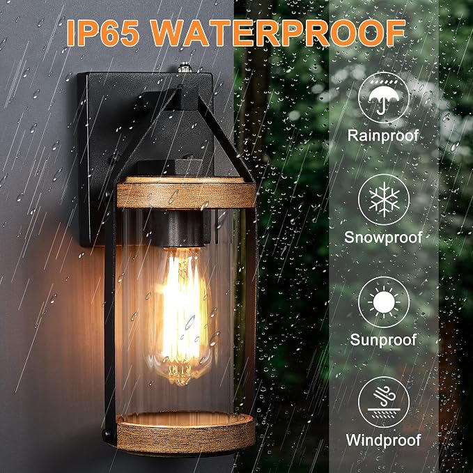 2 Pack Dusk to Dawn Sensor Outdoor Wall Lights with Wood Grain | Exterior Lantern Sconce Lighting Fixtures Waterproof Outside Wall Mount Lamp for House Patio Garage Entryway Doorway