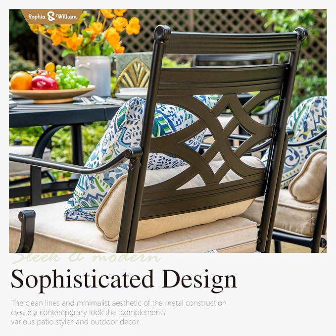Sophia & William Patio Dining Set, 13ft Umbrella, Black | E-Coated,Padded Cushions