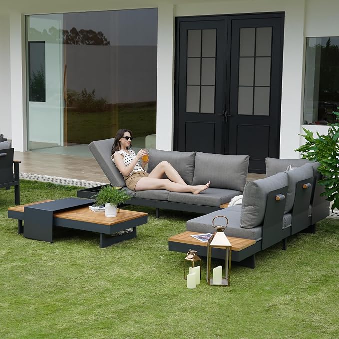 homary 4 Piece Outdoor Conversation Sets, Teak & Aluminum Modular Patio Sectional Sofa with Adjustable Backrests, Water-Resistant, Low-Profile Outdoor Couch Set for Backyard, Garden, Grey