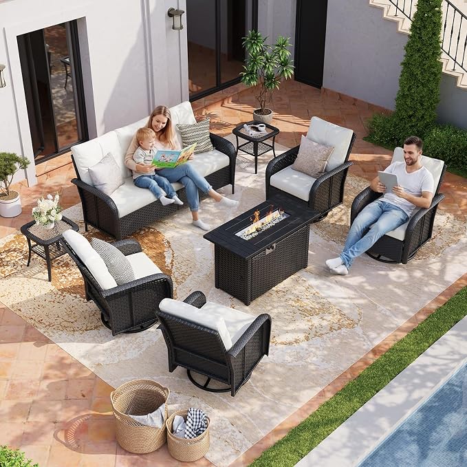 Aoxun Luxury 8-Piece Patio Furniture Set with 44'' Fire Pit Table, Wicker Rattan Sofa with Thick Cushion, Outdoor Conversation Set for Backyard, Poolside & Garden, Black/Beige