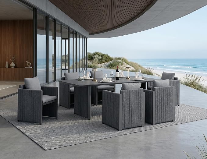 PURPLE LEAF 7 Pieces Patio Dining Set All-Weather Modern Outdoor Conversation Set Aluminum Dining Table and Chairs with Olefin Cushions Pillows for Garden Backyard Kitchen Grey