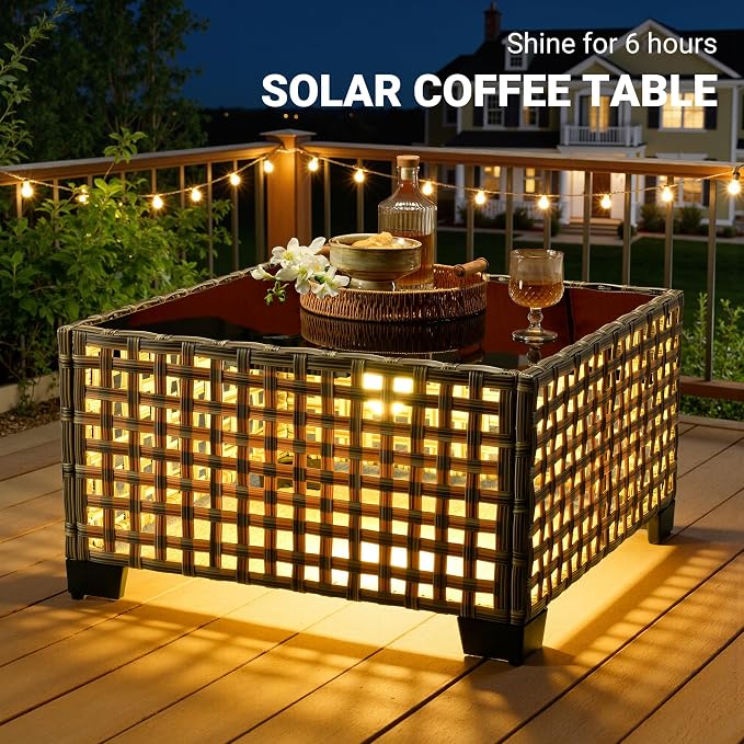 8 Pcs Patio Outdoor Furniture Set - All Weather Wicker Outdoor Sectional Sofa Couch with Swivel Rocking Chairs and Coffee Table,Patio Modular Rattan Conversation Set for Garden Deck Yard,Denim Blue