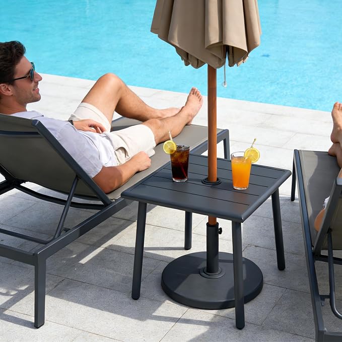 Small Metal Outdoor Side Table with Umbrella Hole, Sqaure Patio Coffee Bistro Table End Table, Umbrella Table with Hole for Poolside Backyard Porch Deck Balcony,19.7x19.7 inches, Gray