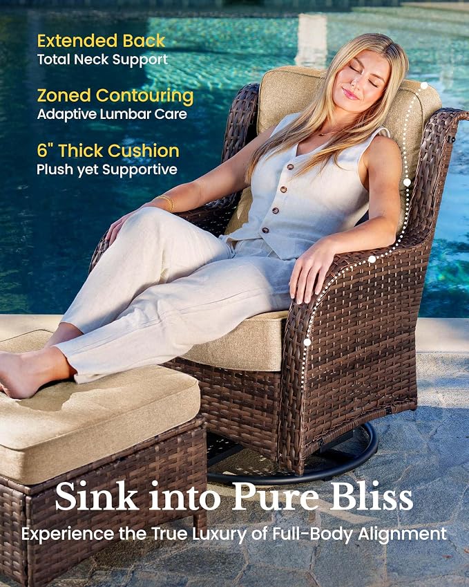 HILLGA 6-Piece Luxury Patio Furniture Set with 6" Thick Cushions, Weather-Resistant Wicker High Back Swivel Rocker Chairs, Senior-Friendly Outdoor Loveseat Set for Deck, Yard and Poolside, Beige(V2)