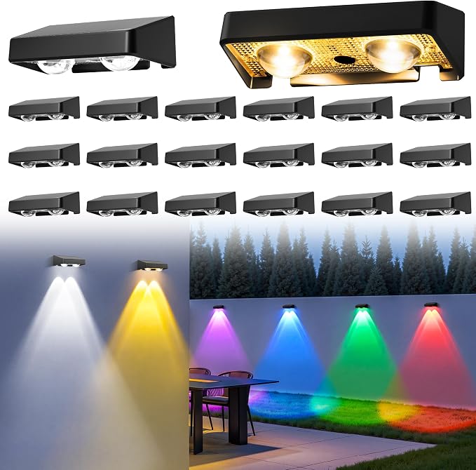 Solar Fence Lights Outdoor, Color Changing, Waterproof IP65, 20 Pack | 11 Modes, 9 Colors 50 LM Solar Lights Waterproof with LED Focus Lens for Wall Backyard Deck Patio Porch Step Pool Decor