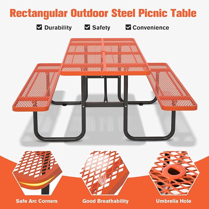 Picnic Tables for Outdoors with Umbrella Hole-Coated Steel Heavy Duty Commercial Grade Table with Seats,Commercial Metal Picnic Tables,Heavy Rectangular Furniture Set for a Lifetime (Orange)
