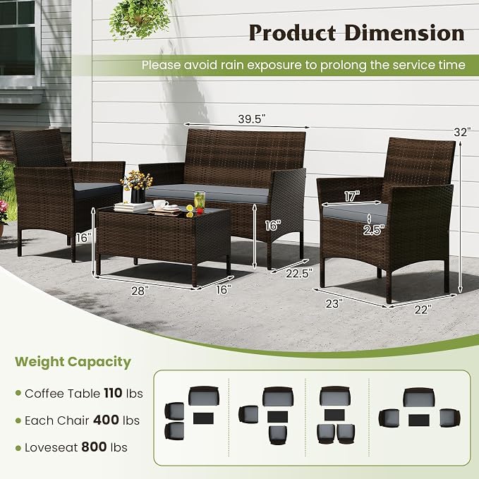 S AFSTAR 4 Pieces Patio Rattan Conversation Set, Patio PE Outdoor Set w/Tempered Glass Coffee Table, Loveseat & Chairs, Zippered Gray Cushions, Wicker Patio Sofa Set for Backyard, Garden & Poolside