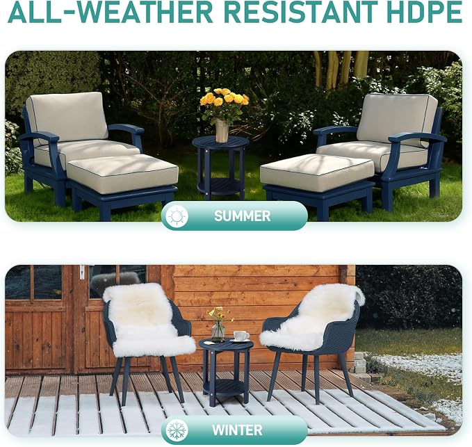 HDPE Adirondack Weather Resistant Square Side Table for Patio, Backyard, Pool, Indoor, Beach Use, Easy Maintenance (Round, Blue)