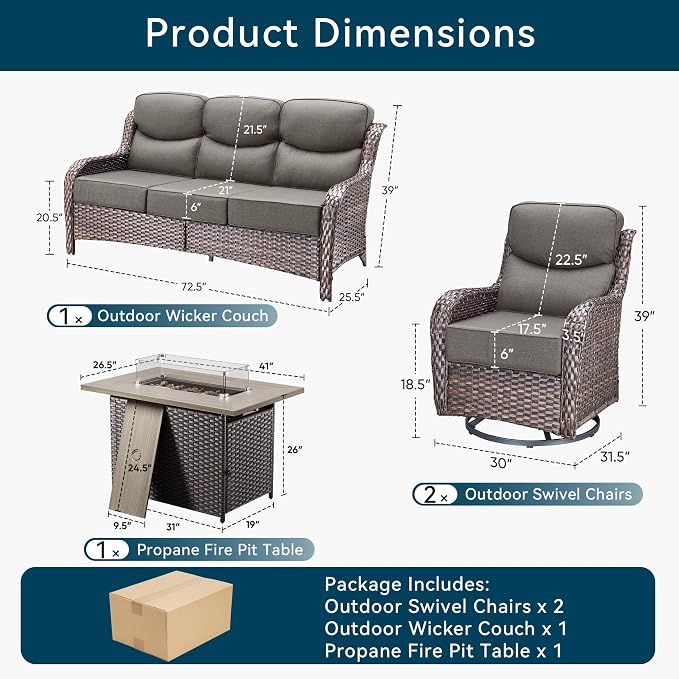 Luxury High Back Outdoor Furniture 6-Inch Thick Cushions with 50,000 BTU Gas Propane Fire Pit Tablet, Patio Furniture Set with Swivel Chairs, for Porch, Balcony, Deck and Yard