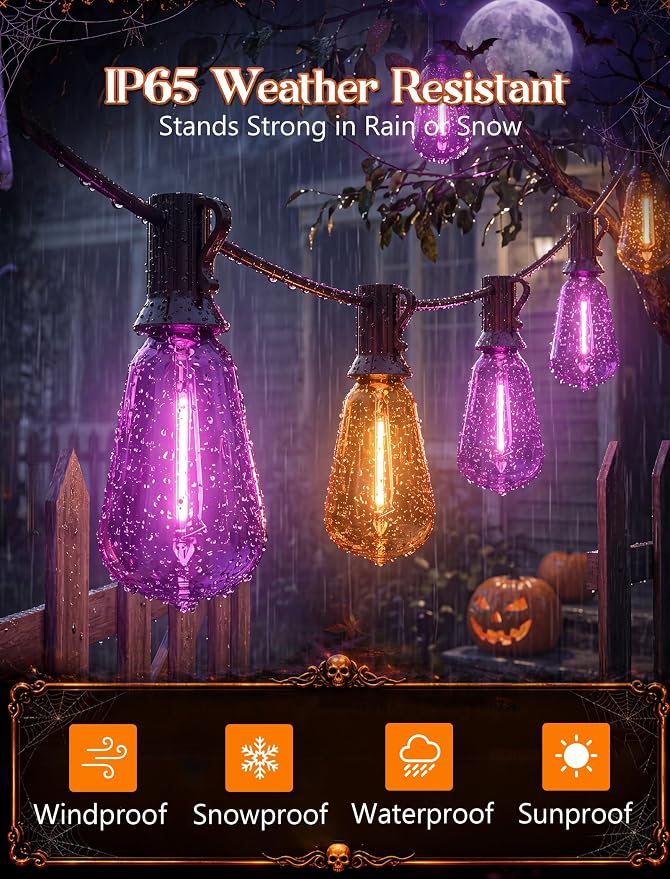 25ft Halloween String Lights Outdoor, ST38 Orange Purple LED Shatterproof Light Bulbs, Waterproof Dimmable Hanging Lights for Yard Patio Decor