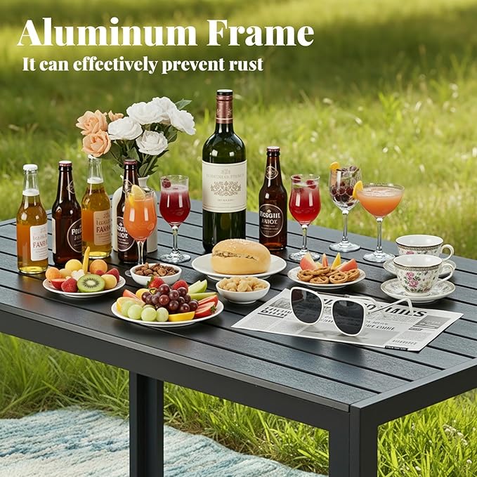 LIFERUN Outdoor Patio Table for 4-6 Person, 43×28in Rectangle Outdoor Dining Table with Wooden-Like Top and Aluminum Frame, Heat and Weather Resistant, Ideal for Garden, Patio, Poolside, Porch, Black