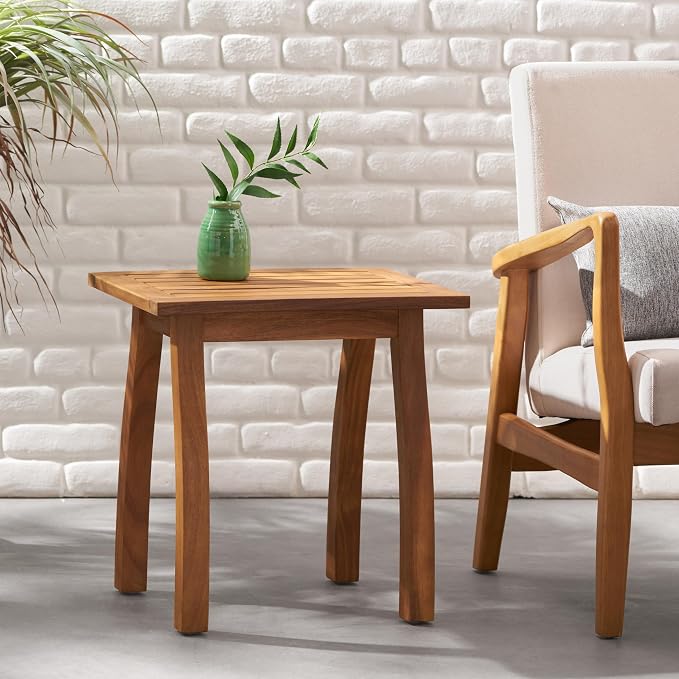 Acacia Wood Outdoor Side Table, Weather Resistant Slatted Design Patio Coffee End Table, Decorative Decorated Accent Table for Balcony Beach Poolside, Natural Stained (Teak + Acacia Wood)