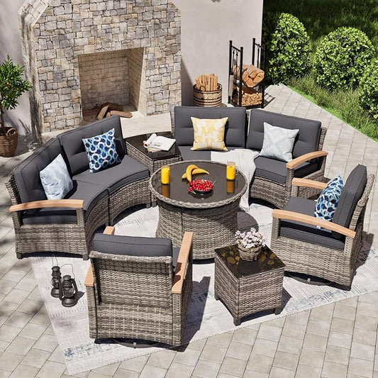MEISSALIVVE 9-Piece Half-Moon Curved Outdoor Patio Furniture Set, Sectional Conversation Sofa with 2 Swivel Glider Chairs, Round Coffee Table for Backyard Deck Garden, Grey