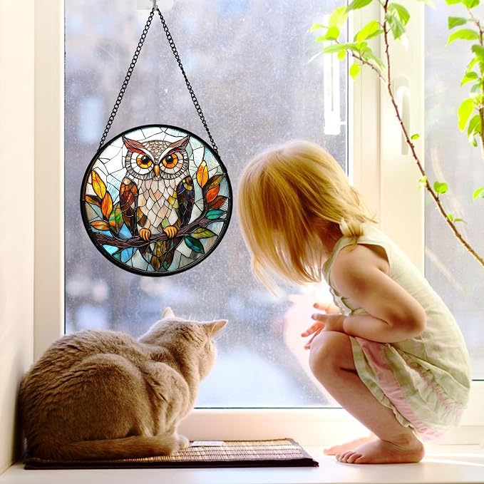 DASTOLL Stained Glass Window Hanging, Owl Colorful Leaves Birds Sun Catchers Diamond Glass Panel Hangings Suncatcher Decor for Birthday for Women, Men, Wife, Aunt, and Mom 7.8 in