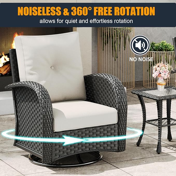 7 Pieces Outdoor Wicker Patio Swivel Rocking Chairs, All Weather Wicker Conversation Set with 44" Fire Pit Table