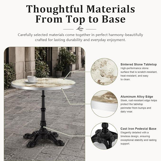 31.5" Outdoor Dining Table, Square Bistro Table w/Sintered Stone Tabletop | and Cast Iron Base, Weather Resistant Small Bistro Table for 2-4 for Outdoor Garden Café Use (Cream Taupe Marble)