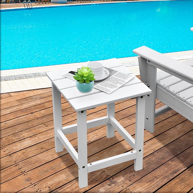 Giantex Outdoor Side Table, 15” Square Wood End Table with Slatted Design, Sturdy Construction, Easy Assembly, Small Patio Coffee Table for Living Room, Balcony, Poolside Bistro Table (1, White)