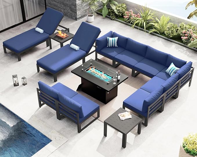 NICESOUL 13 Piece Large Contemporary Aluminum Outdoor Furniture Set with Chaise Lounge & Fire Pit Table, 29" Deep Couch Set, 500 lbs High Weight Capacity Patio Sectional Sofa for Poolside, Navy Blue