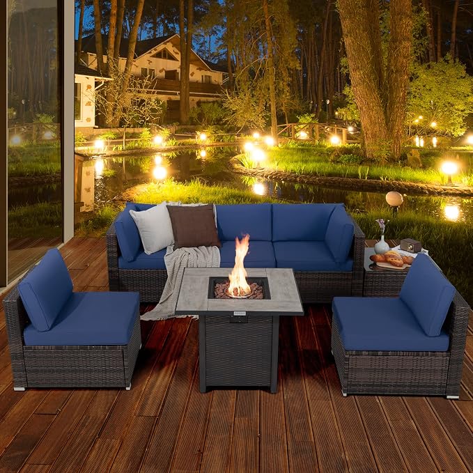 Tangkula 7 Piece Patio Furniture Set with Fire Pit Table, Patiojoy Outdoor PE Wicker Conversation Sectional Sofa Set with 30 Inches 50,000 BTU Propane Fire Pit Table, Waterproof PVC Cover (Navy)