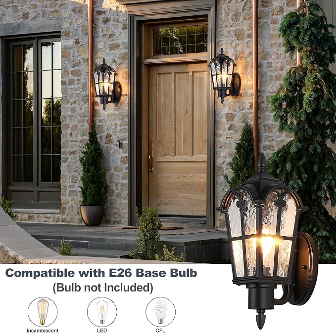 16’’ Large Outdoor Wall Light Fixtures, Exterior Wall Lantern Sconces | Waterproof, Rust-resistant, Matte Black, Water Ripple Glass, Quick & Easy Installation, Retro & Traditional