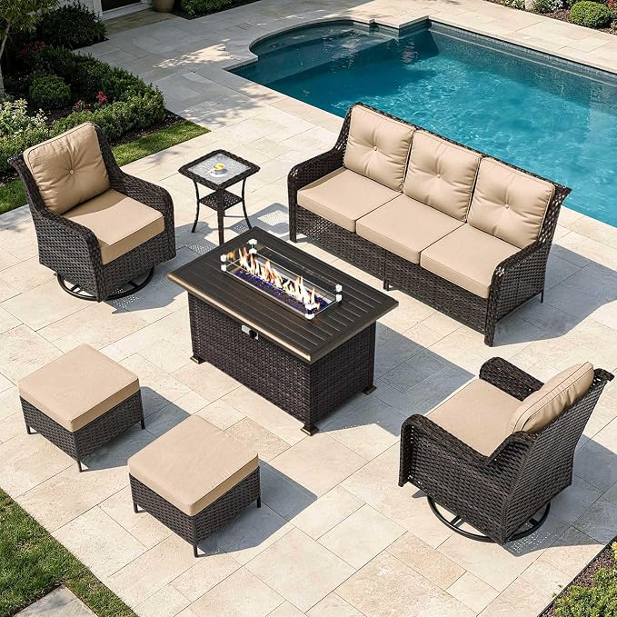 7-Piece Patio Furniture Set, Thick Wicker Outdoor Furniture Set with 2 Swivel Chairs, Outdoor Sectional Sofa Couch with Fire Pit Table, Patio Conversation Set for Backyard, Porch, Deck, Brown