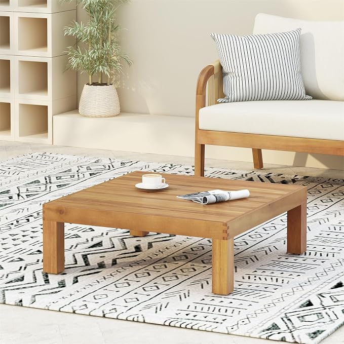 Outside Acacia Wood Coffee Table, Square Outdoor Coffee Table for Patio Lounge, Slatted Tabletop, 29.50 x 29.50 x 10.25 Inch, Teak Color