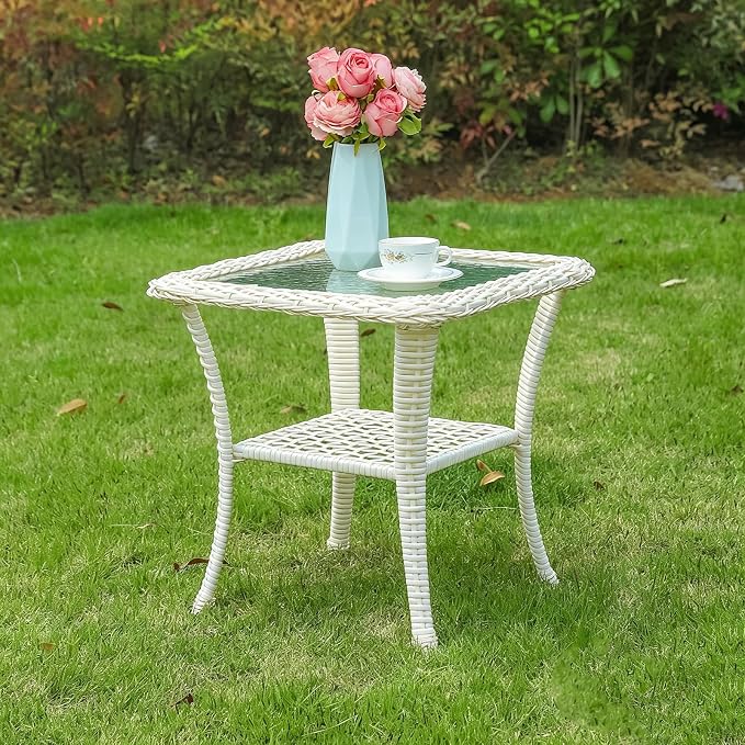 VIVIJASON Outdoor Wicker Side Table, All-Weather Rattan Patio Side Table Bistro Table with 2-Tier Storage, Tempered Glass Top Square End Table for Indoor, Balcony, Garden, Porch, Deck, Cream White