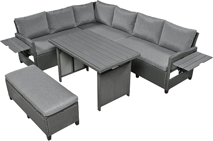 GDFStudio Brava Patio 5-Piece Conversation Set, Outdoor Rattan Sectional Sofa Set with Extendable Side Tables, Dining Table and Bench, L Shaped PE Wicker Furniture Set for Garden, Poolside, Grey
