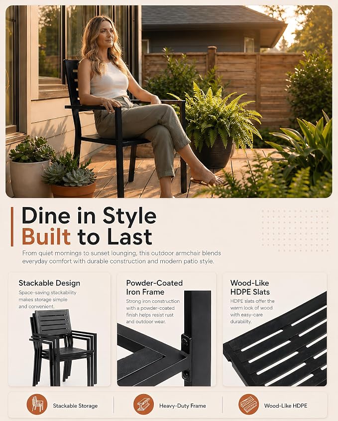 12 Piece Outdoor Dining Set All Weather Patio Dining Set with HDPE Wood-Like Tabletop, Rustproof Metal Outdoor Table and Chairs with 10 Stackable Chairs for Garden Backyard, Black