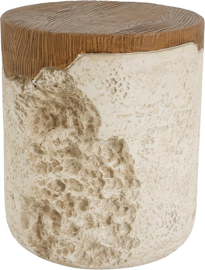 Merax Outdoor Patio Side Table, Modern MGO Round Accent End Table with Beige Textured Base & Faux-Wood Grain Top, Sculptural Design, 19" Height Side Table for Poolish Garden Balcony