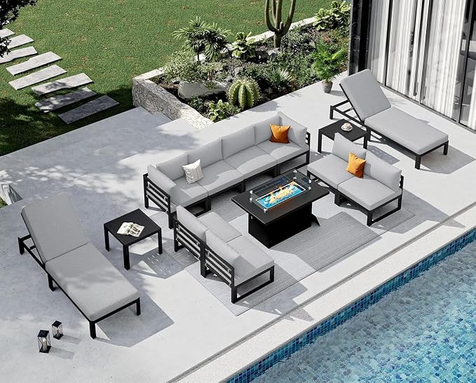 NICESOUL 13 Pcs Large Modern Aluminum Outdoor Sofa with Lounger & Fire Pit Table, 29" Deep Seat, 500 lbs Durable Sectional Set for Heavy People, All Weather Patio Furniture Set for Garden,Light Gray