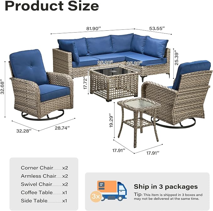 8 Pieces Outdoor Sectional Patio Furniture Set with Swivel Rocking Chairs,Conversation Sets Rattan Wicker L Shaped Couch,Modular Outdoor Sofa for Porch Balcony Backyard Navy Blue