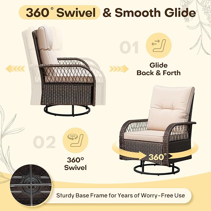Devoko Patio Furniture Set Outdoor 3 Pieces Wicker Swivel Rocking Chairs Set of 2 with Coffee Table, Patio Conversation Set for Porch, Balcony, Deck, Garden (Brown)